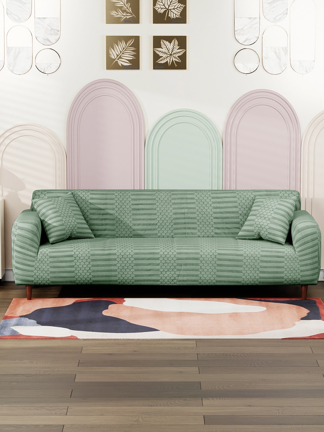 

Lukzer Green Dotted Stripe Pattern 4 Seater Sofa Cover With Arms