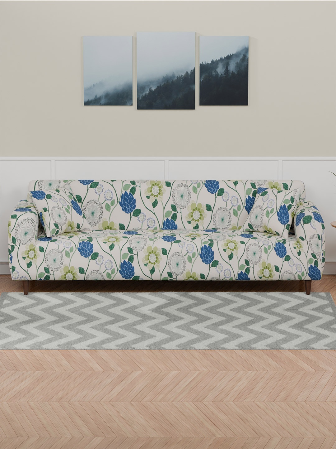 

Lukzer White and Blue Floral Printed 4-Seater Sofa Cover With Arms