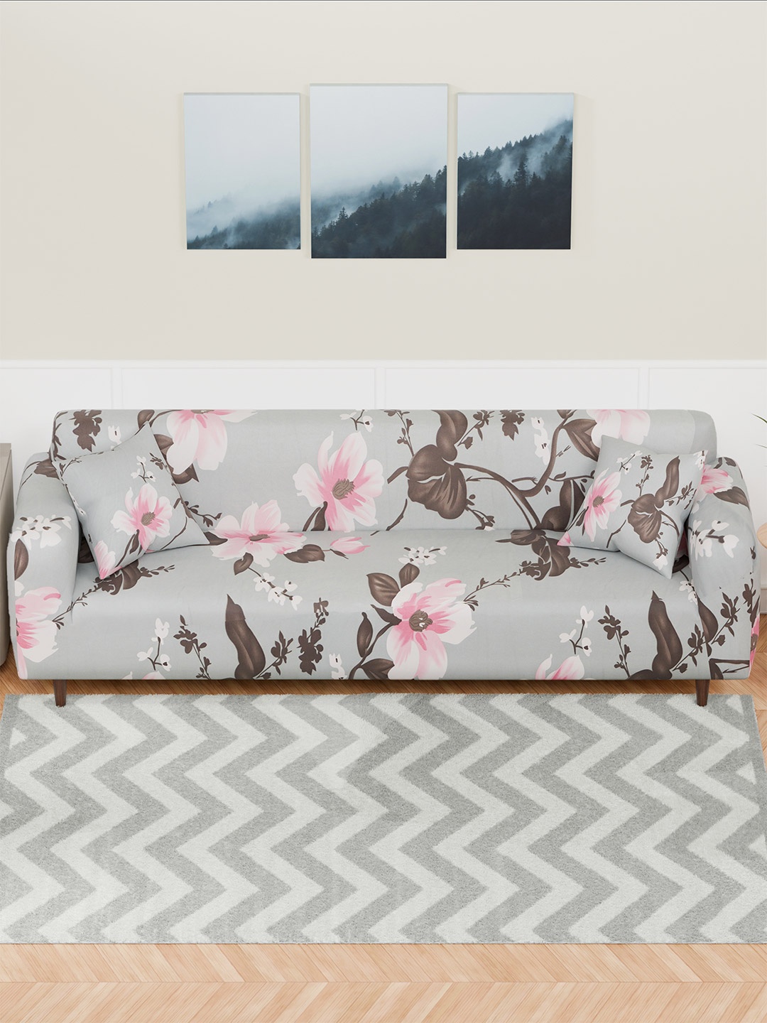 

Lukzer Pink and Grey Floral Printed 4-Seater Sofa Cover With Arms