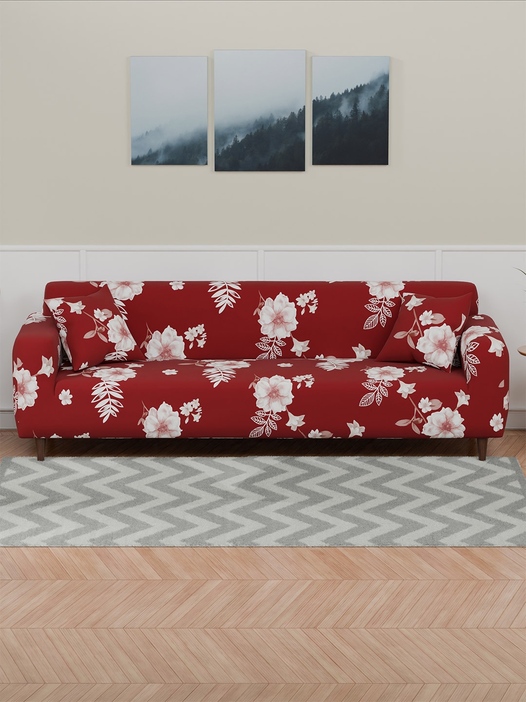 

Lukzer Red and White Floral Printed 4-Seater Sofa Cover With Arms