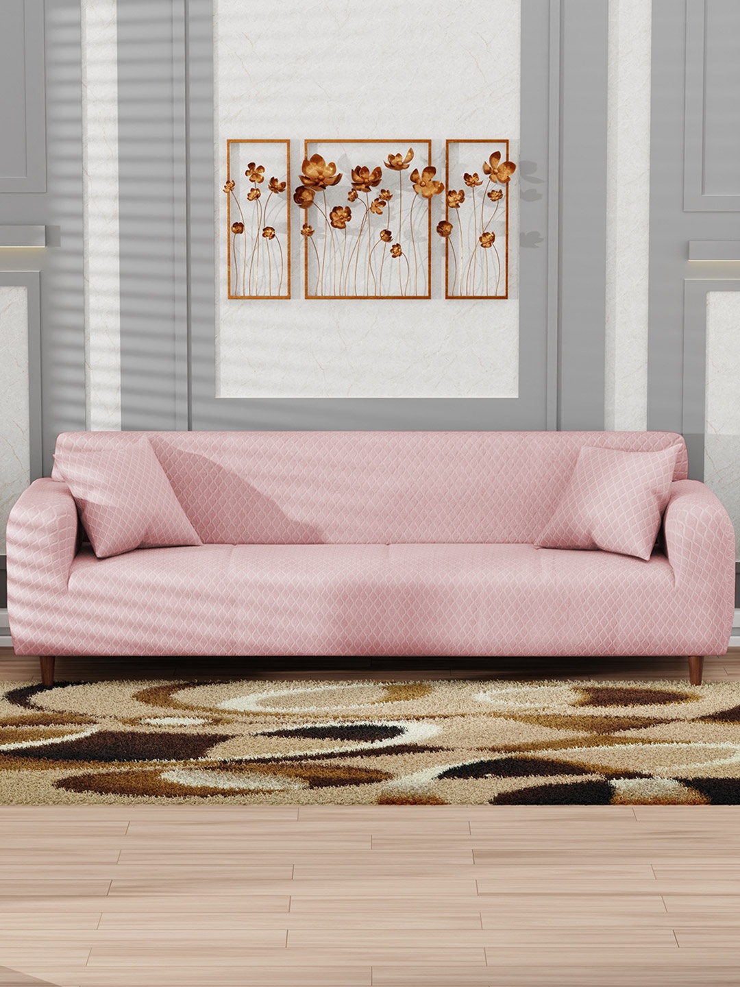 

Lukzer Pink Printed 4-Seater Sofa Cover With Arms