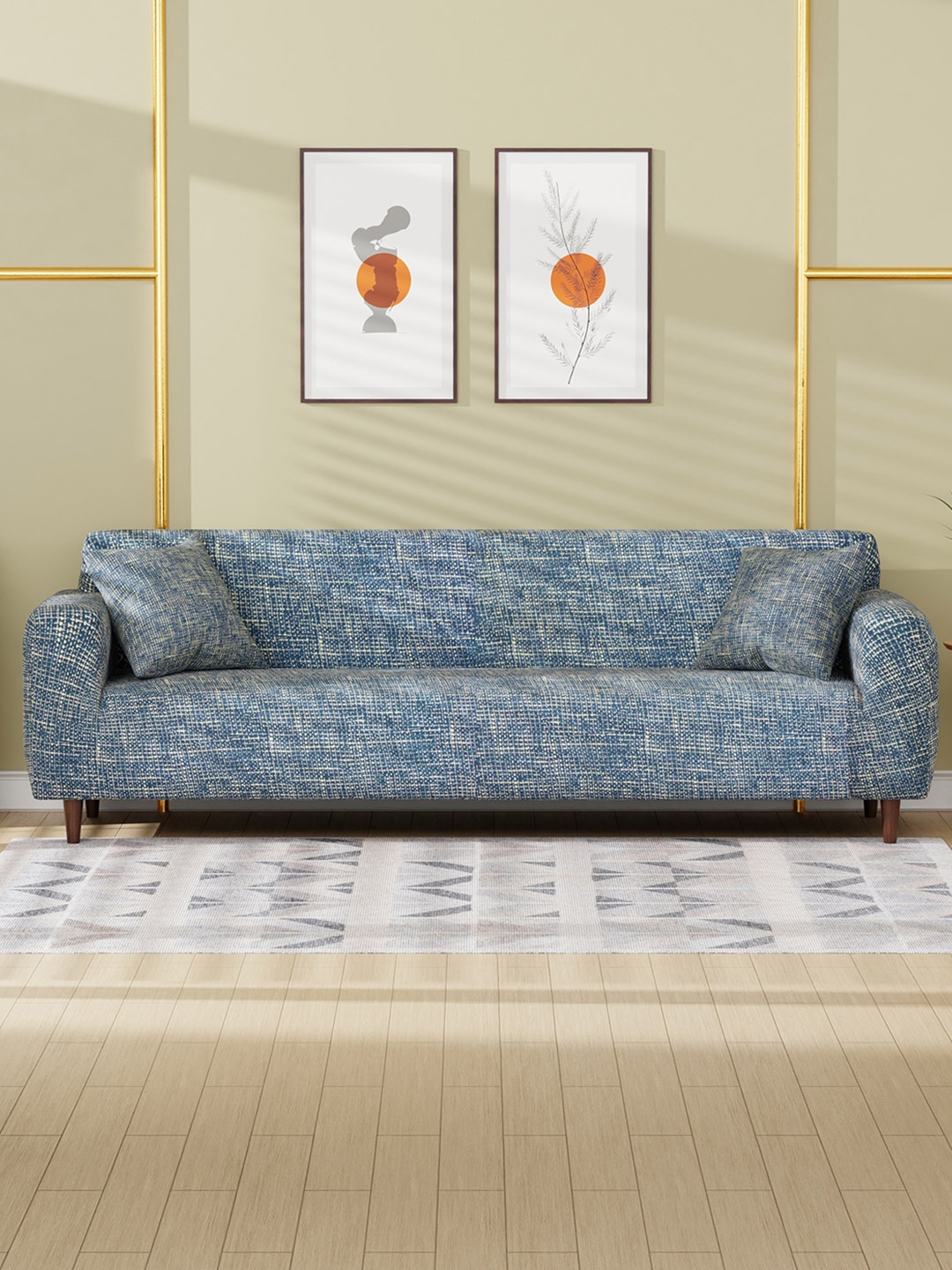 

Lukzer Blue & Yellow Lining Design 4 Seater Sofa Cover