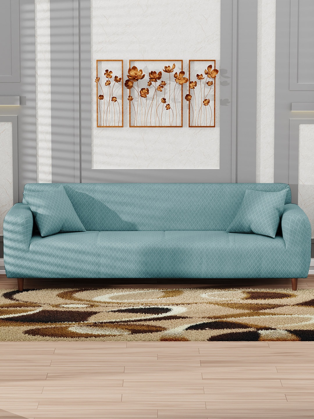 

Lukzer Blue Printed 4-Seater Sofa Cover With Arms