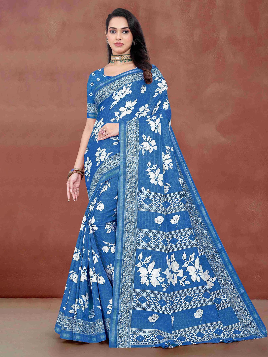 

STAVA CREATION Floral Zari Jute Cotton Saree, Blue