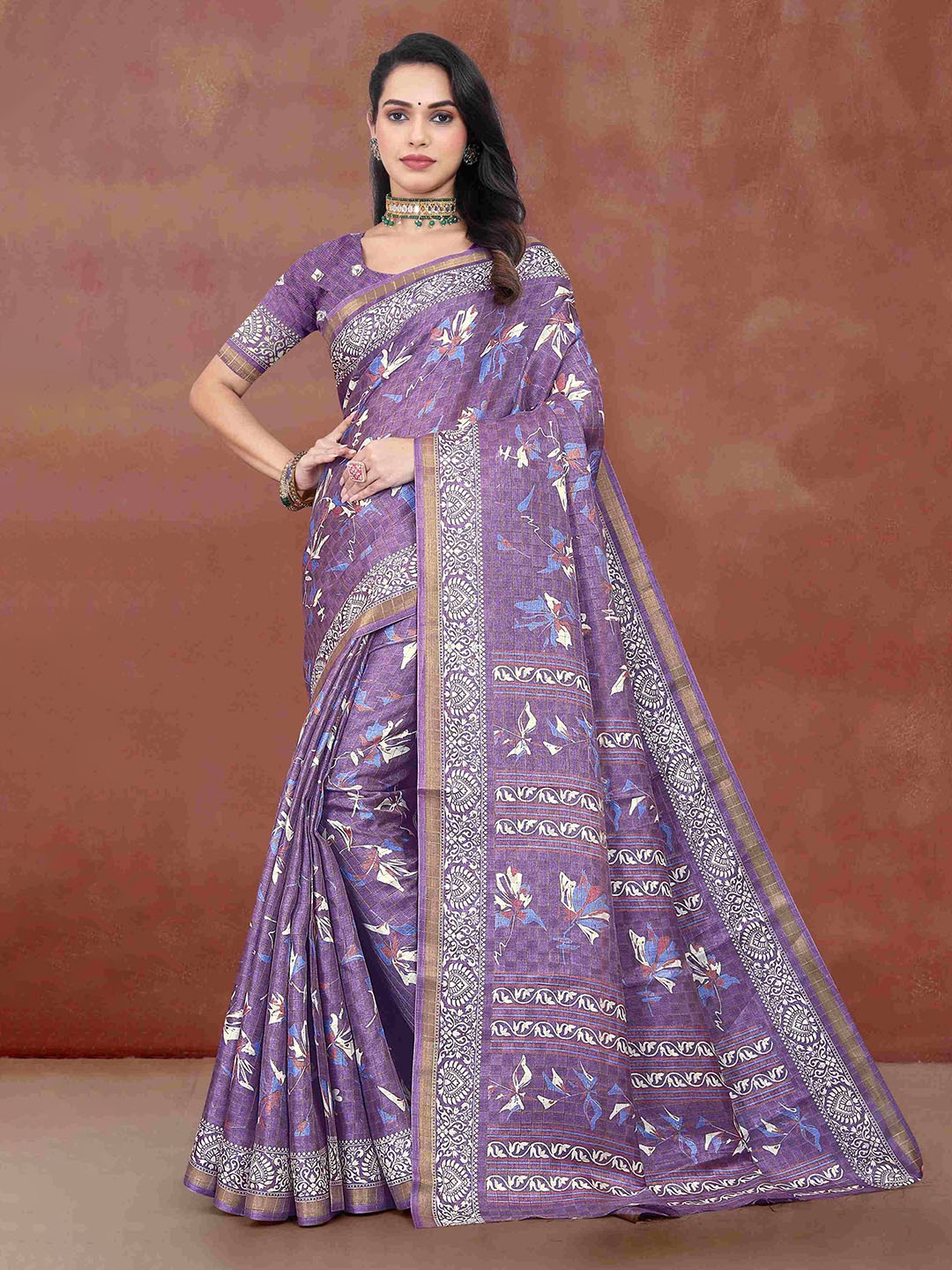 

STAVA CREATION Floral Printed Zari Jute Cotton Saree, Purple