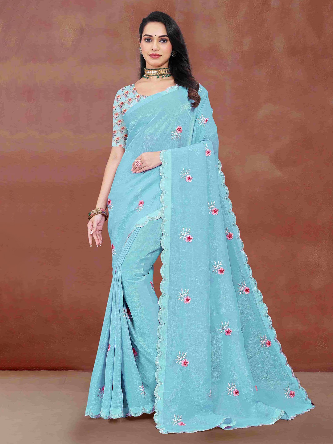 

STAVA CREATION Floral Embroidered Poly Chiffon Saree, Blue
