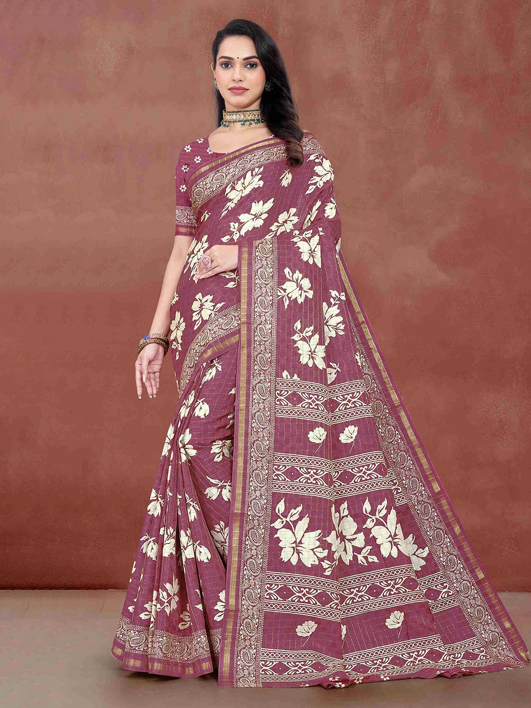 

STAVA CREATION Floral Printed Zari Jute Cotton Saree, Pink