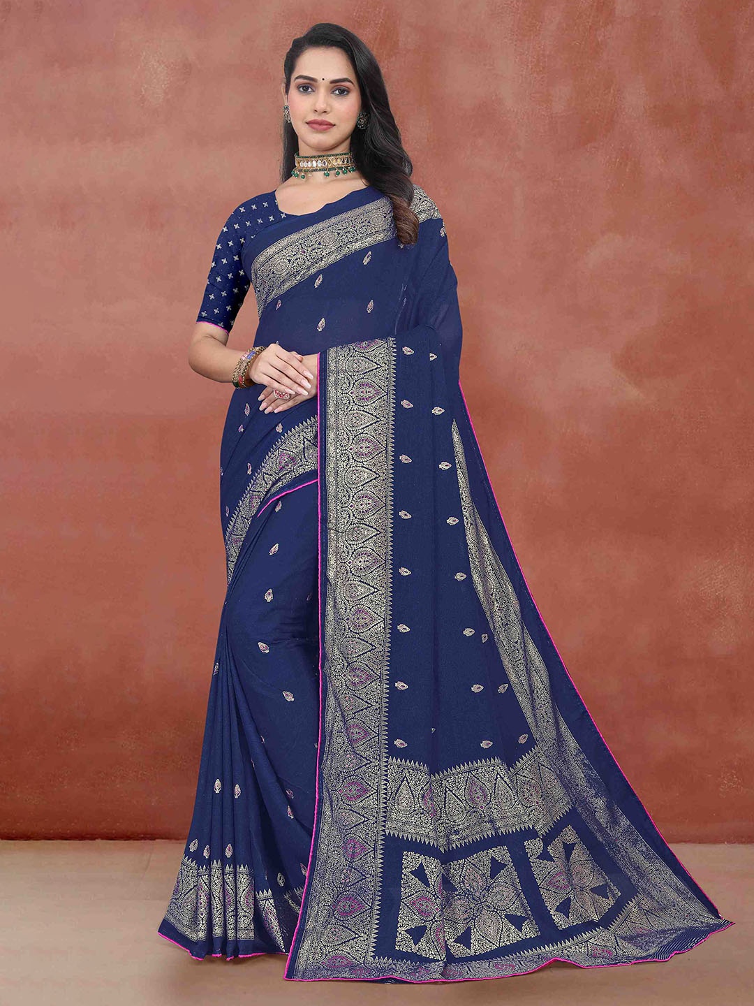 

STAVA CREATION Women Woven Design Zari Pashmina Saree, Blue