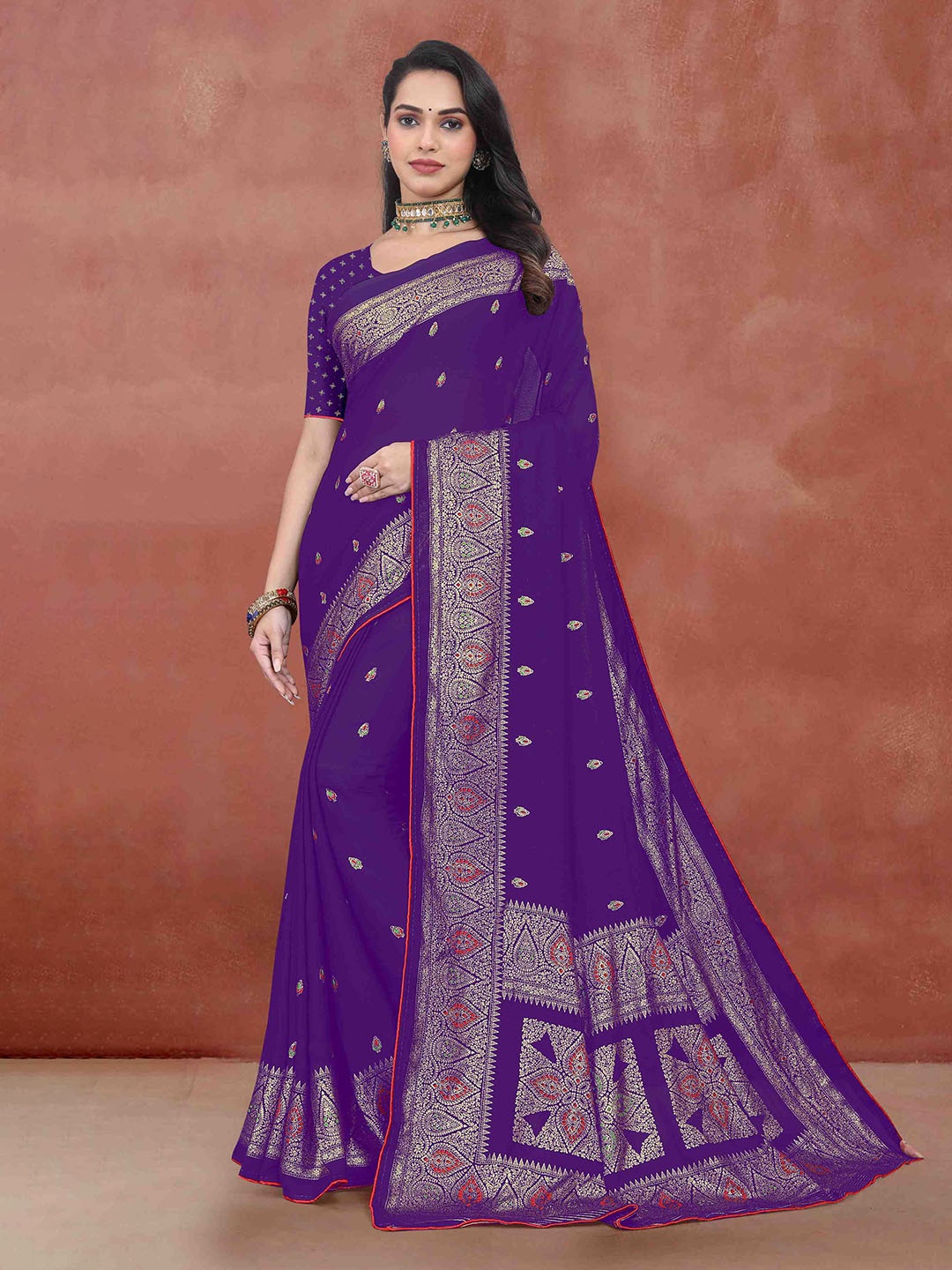 

STAVA CREATION Woven Design Zari Pashmina Saree, Purple