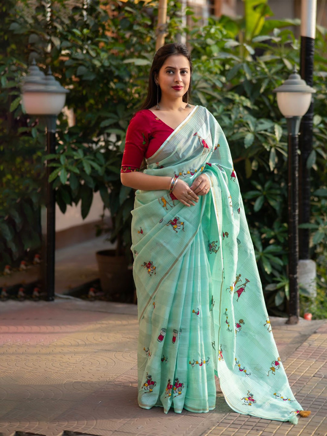 

STAVA CREATION Warli Jute Cotton Kota Saree, Sea green