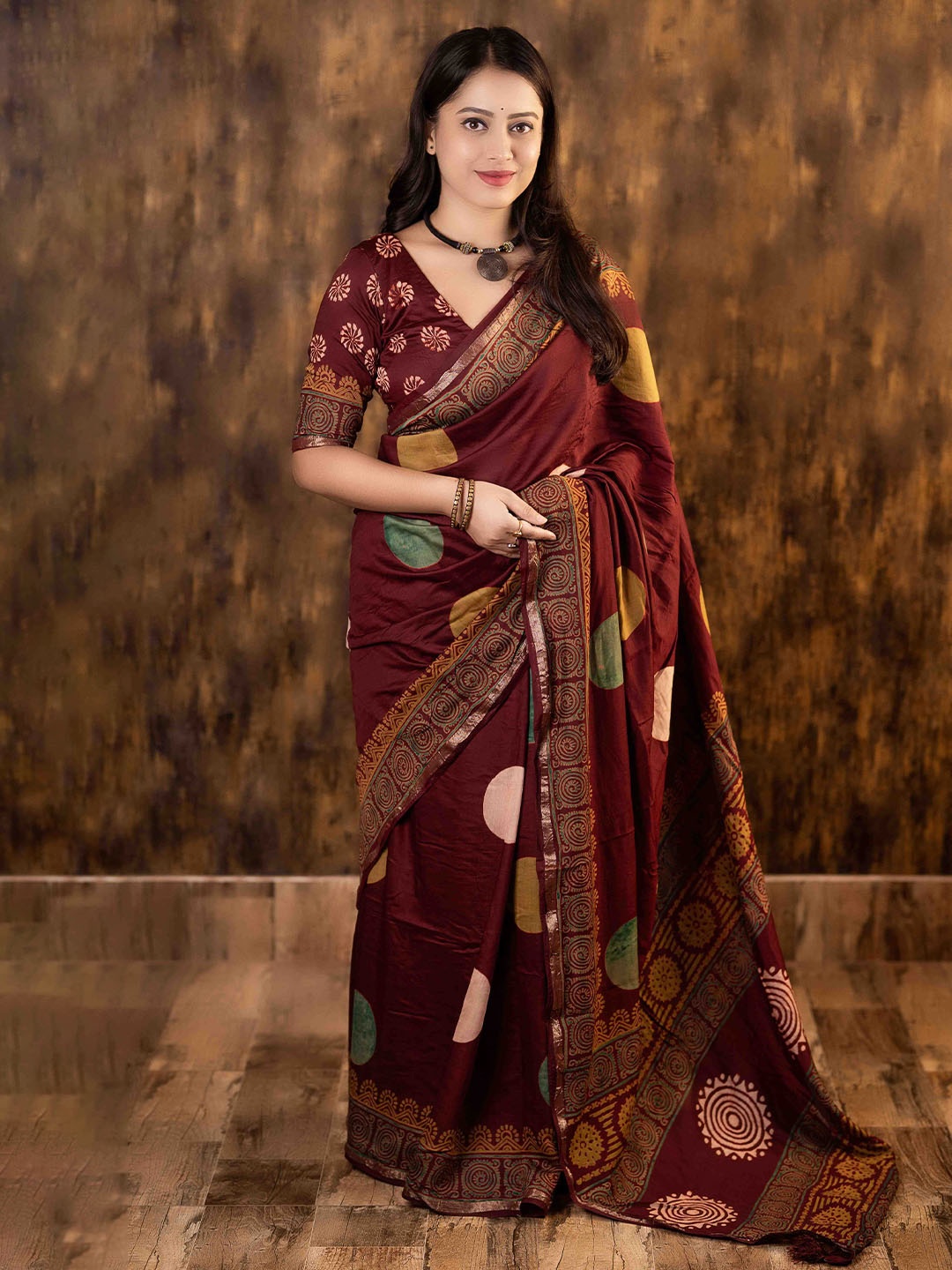 

STAVA CREATION Pure Cotton Zari Chanderi Saree, Maroon