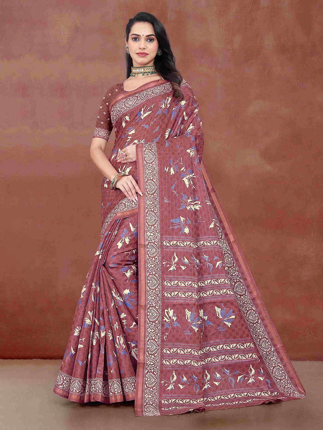 

STAVA CREATION Floral Printed Zari Jute Cotton Saree, Pink