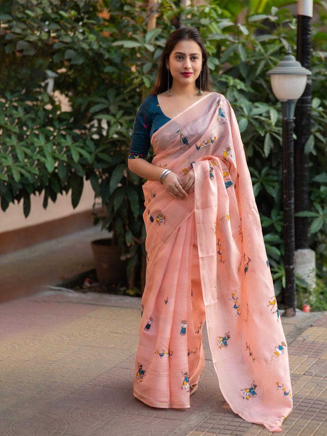 

STAVA CREATION Embroidered Jute Cotton Kota Saree, Peach