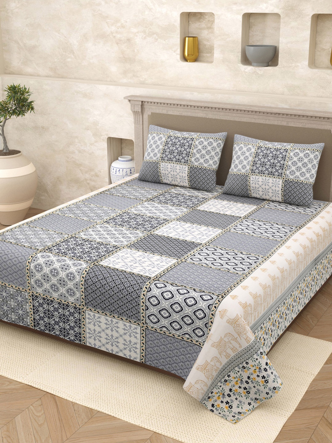 

Aura Elegant White & Grey 210 TC Pure Cotton Queen Bedsheet Set-2.20 m x 2.65 m