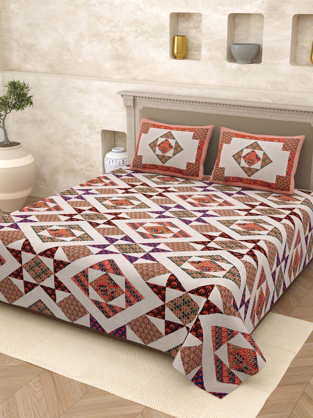 

Aura Brown & Cream-Coloured 210 TC Pure Cotton King Bedsheet Set-2.50 m x 2.70 m