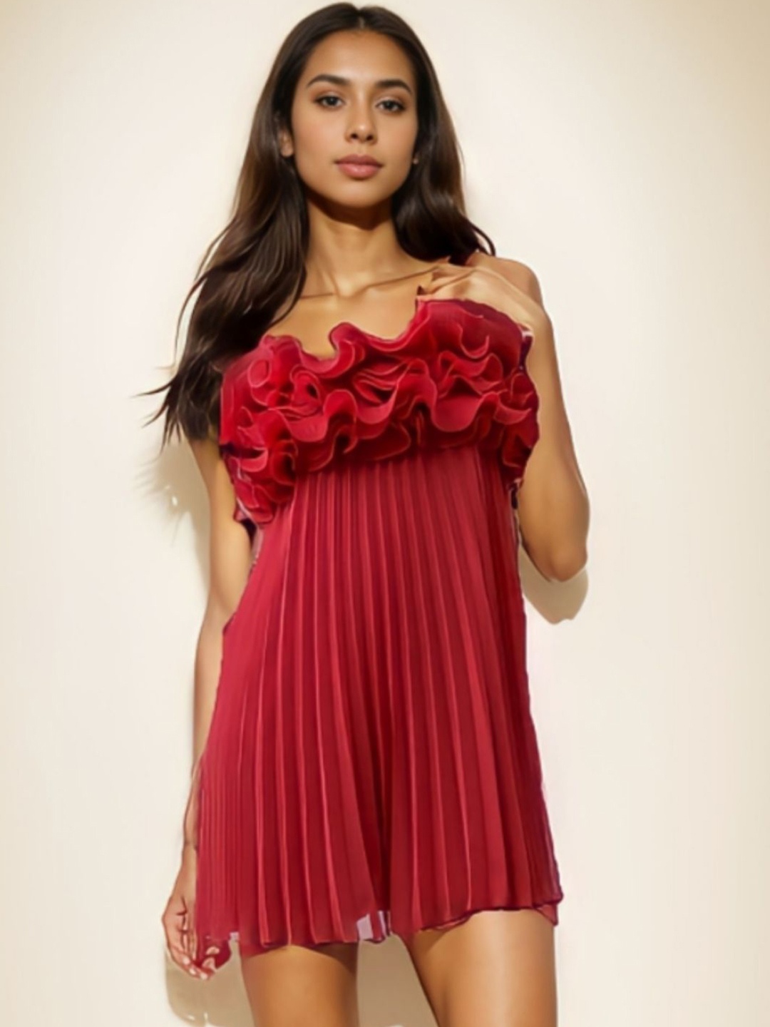 

WomanLikeU Women Off-Shoulder Ruffled Chiffon A-Line Mini Dress, Red