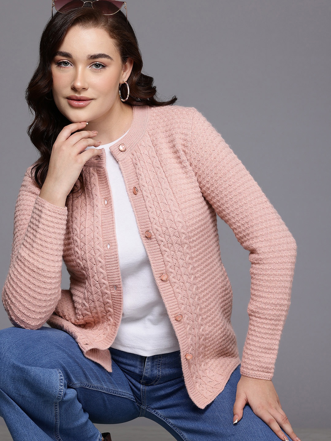 

Cayman Women Cable Knit Woollen Cardigan, Nude