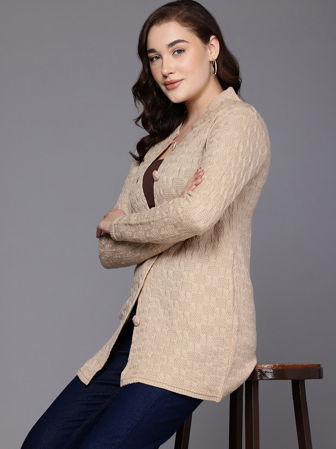 

Cayman Women Cable Knit Woollen Longline Cardigan, Beige