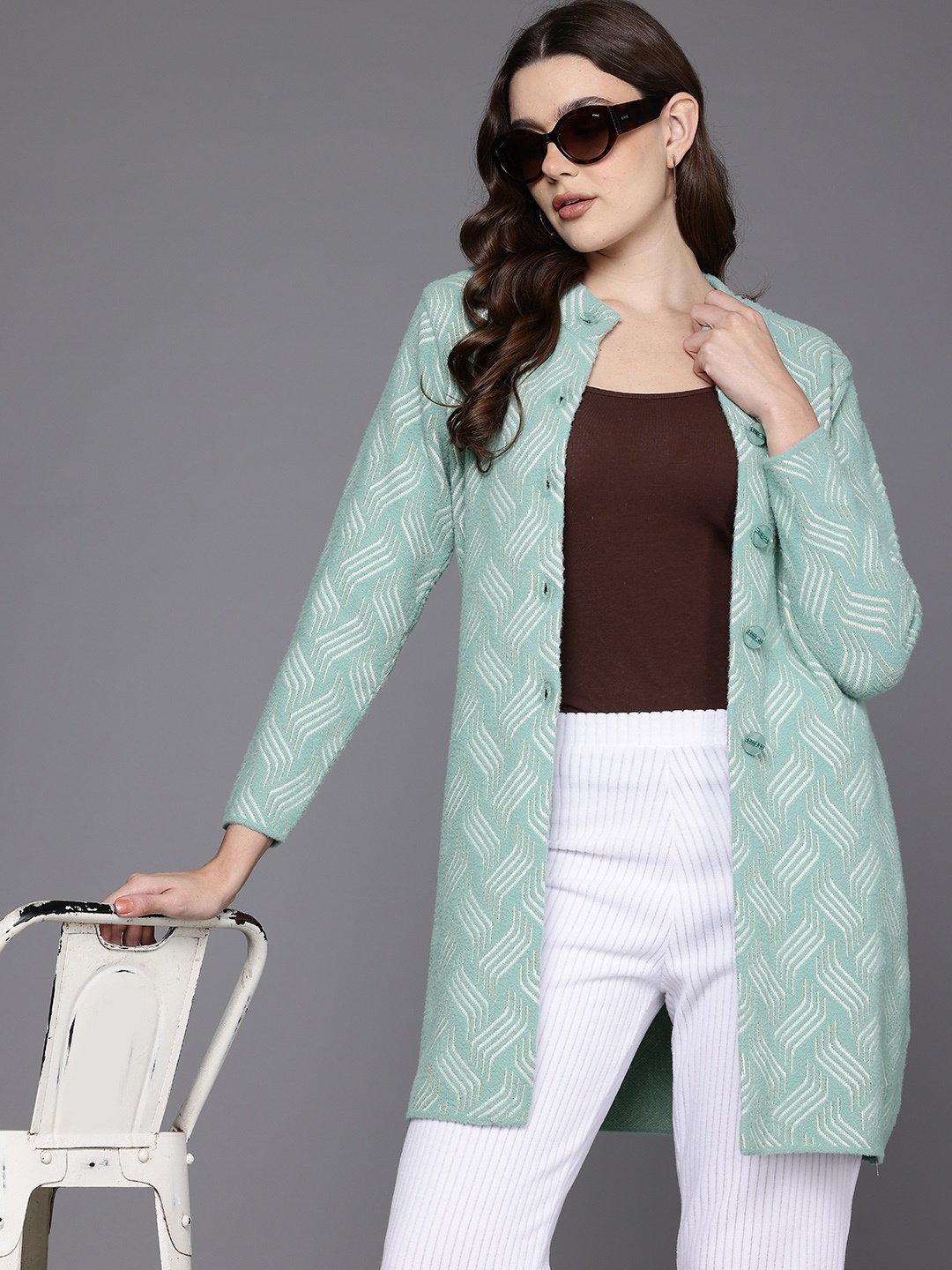 

Cayman Women Woollen Longline Cardigan, Sea green