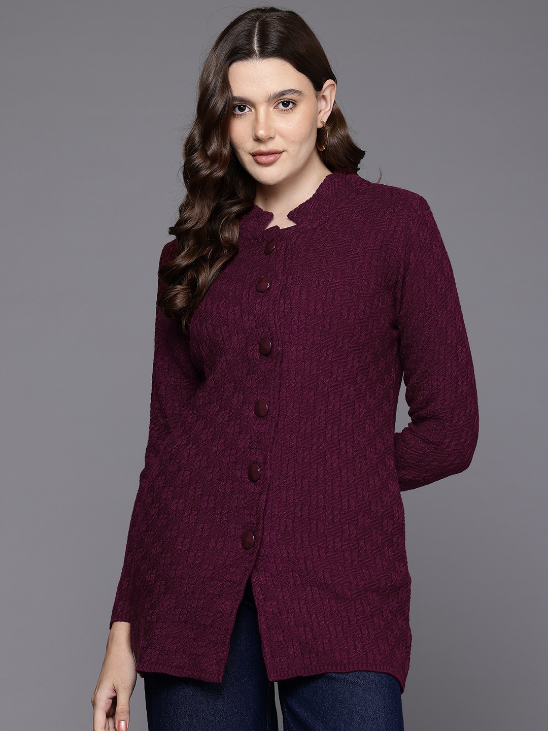 

Cayman Women Cable Knit Woollen Longline Cardigan, Burgundy