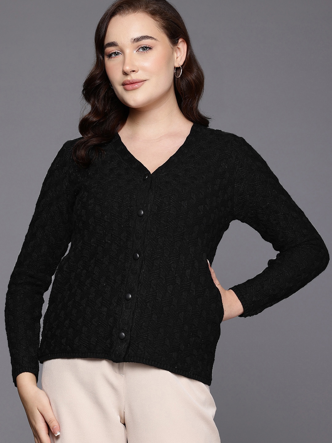 

Cayman Women Cable Knit Woollen Cardigan, Black