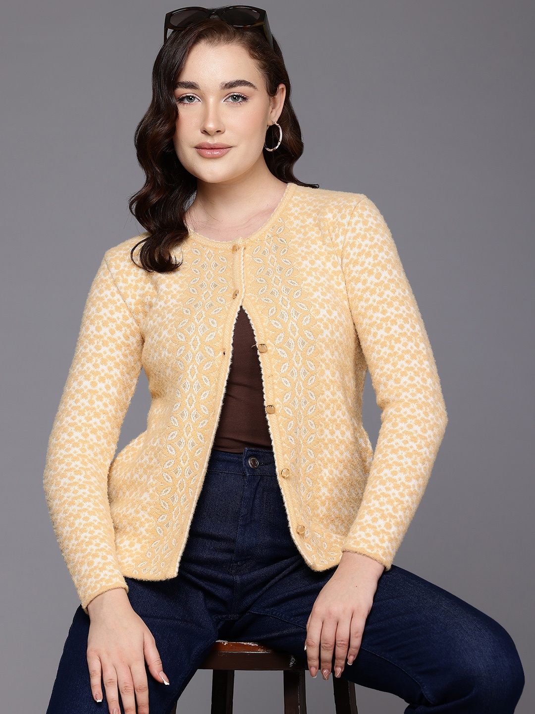 

Cayman Women Floral Design Woollen Cardigan, Mustard
