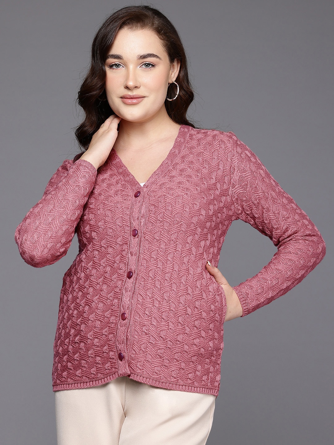 

Cayman Women Cable Knit Woollen Cardigan, Mauve