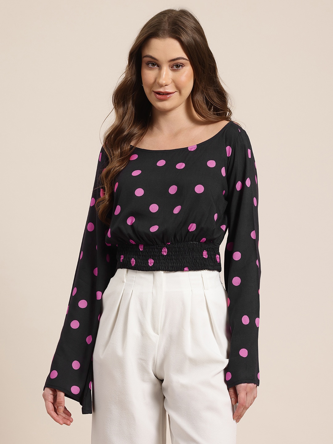 

HERE&NOW Polka Dot Printed Bell Sleeves Blouson Top, Black