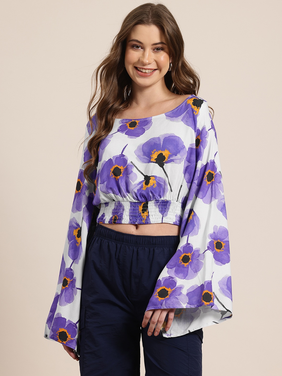 

HERE&NOW Floral Print Bell Sleeves Blouson Top, Purple