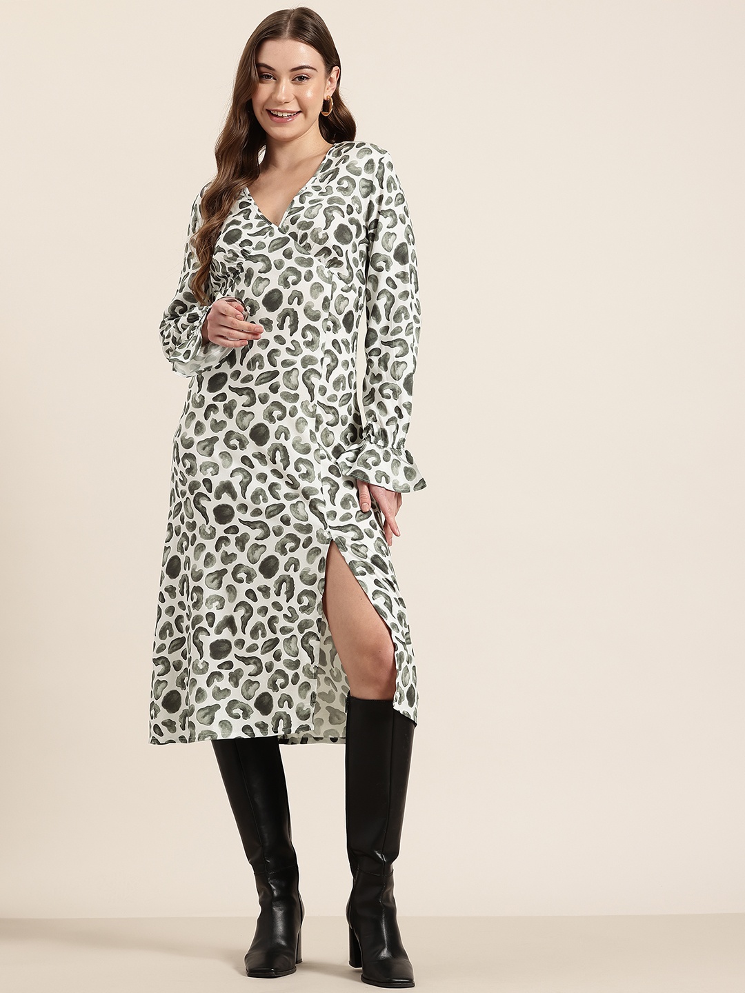 

HERE&NOW Animal Print Empire Midi Dress with Thigh-High Slit, White