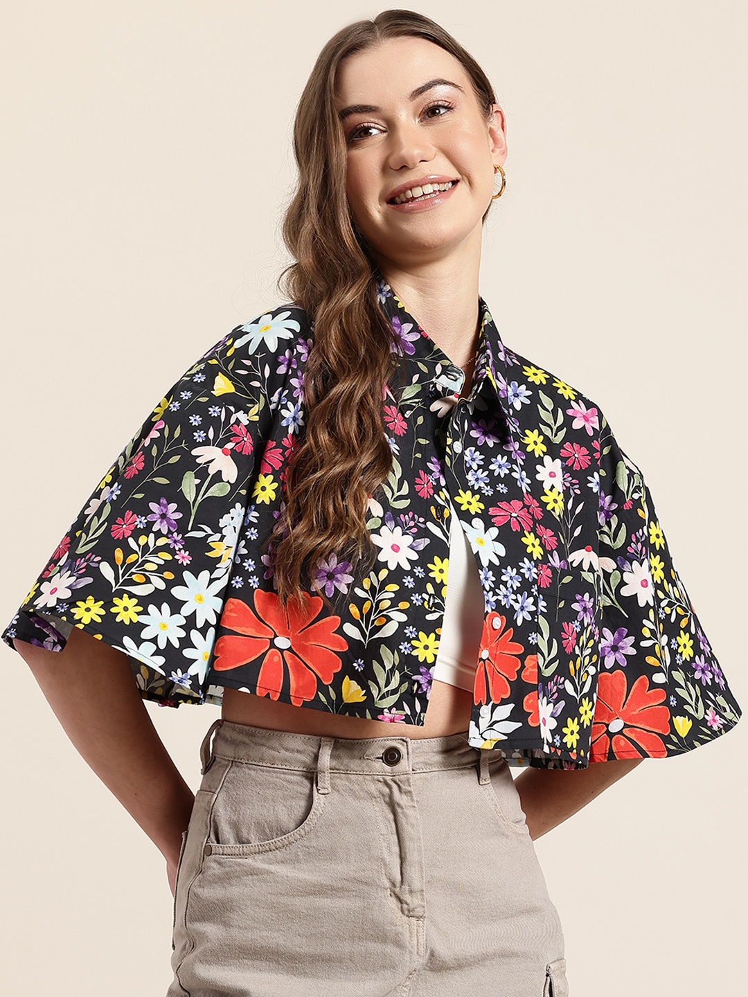 

HERE&NOW Floral Print Flared Sleeve Shirt Style Crop Top, Black