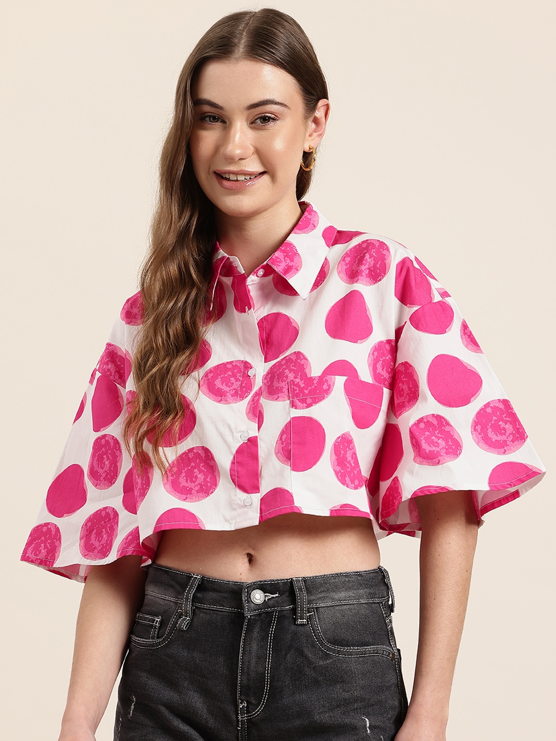 

HERE&NOW Printed Flared Sleeve Shirt Style Crop Top, Off white