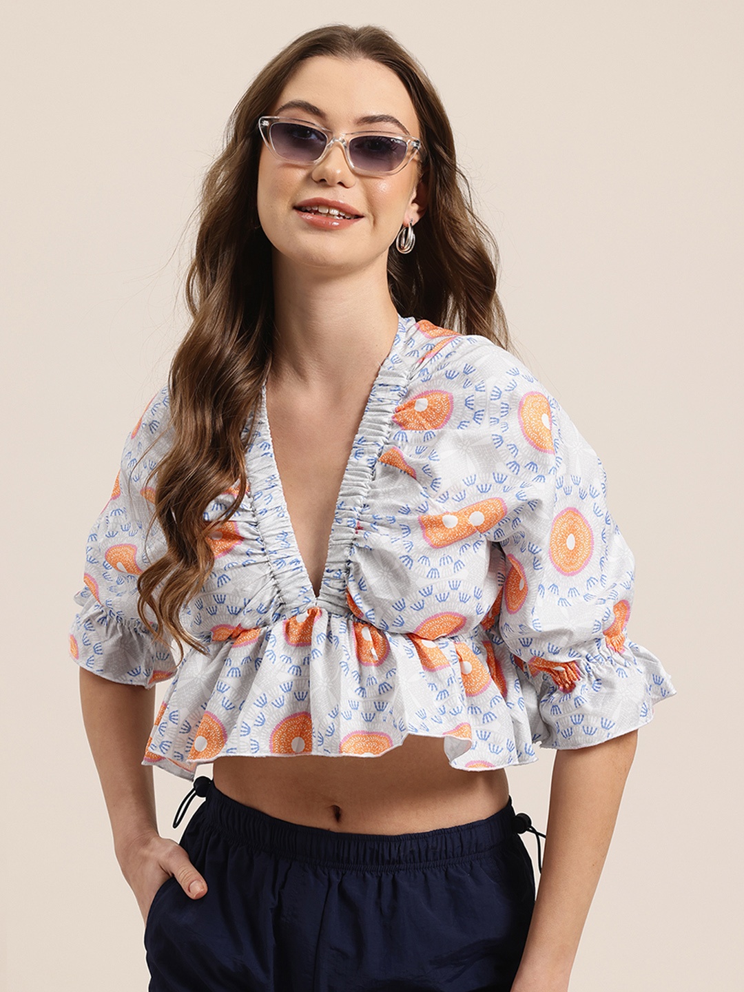 

HERE&NOW Floral Print Extended Sleeves Empire Top, Grey