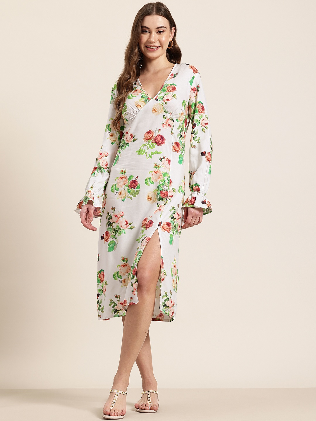 

HERE&NOW Floral Print Empire Midi Dress with Thigh-High Slit, White