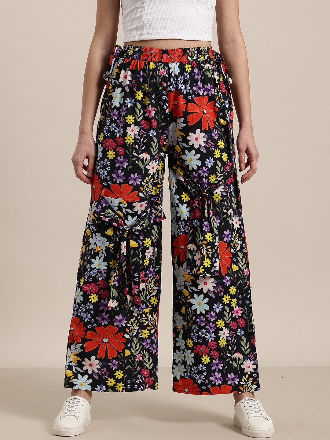 

HERE&NOW High Waist Floral Printed Trousers, Black