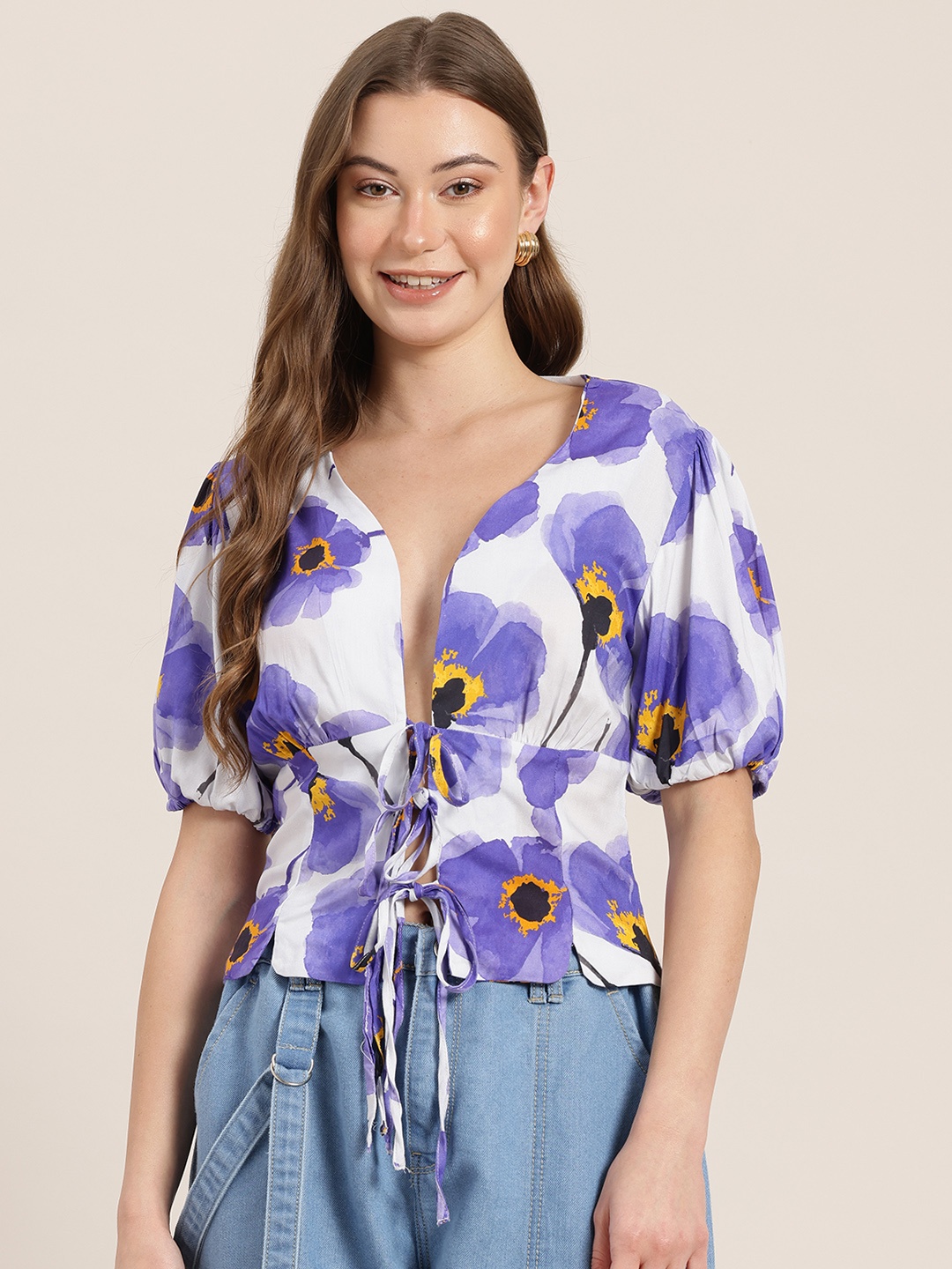 

HERE&NOW Floral Print Puff Sleeve Top, White