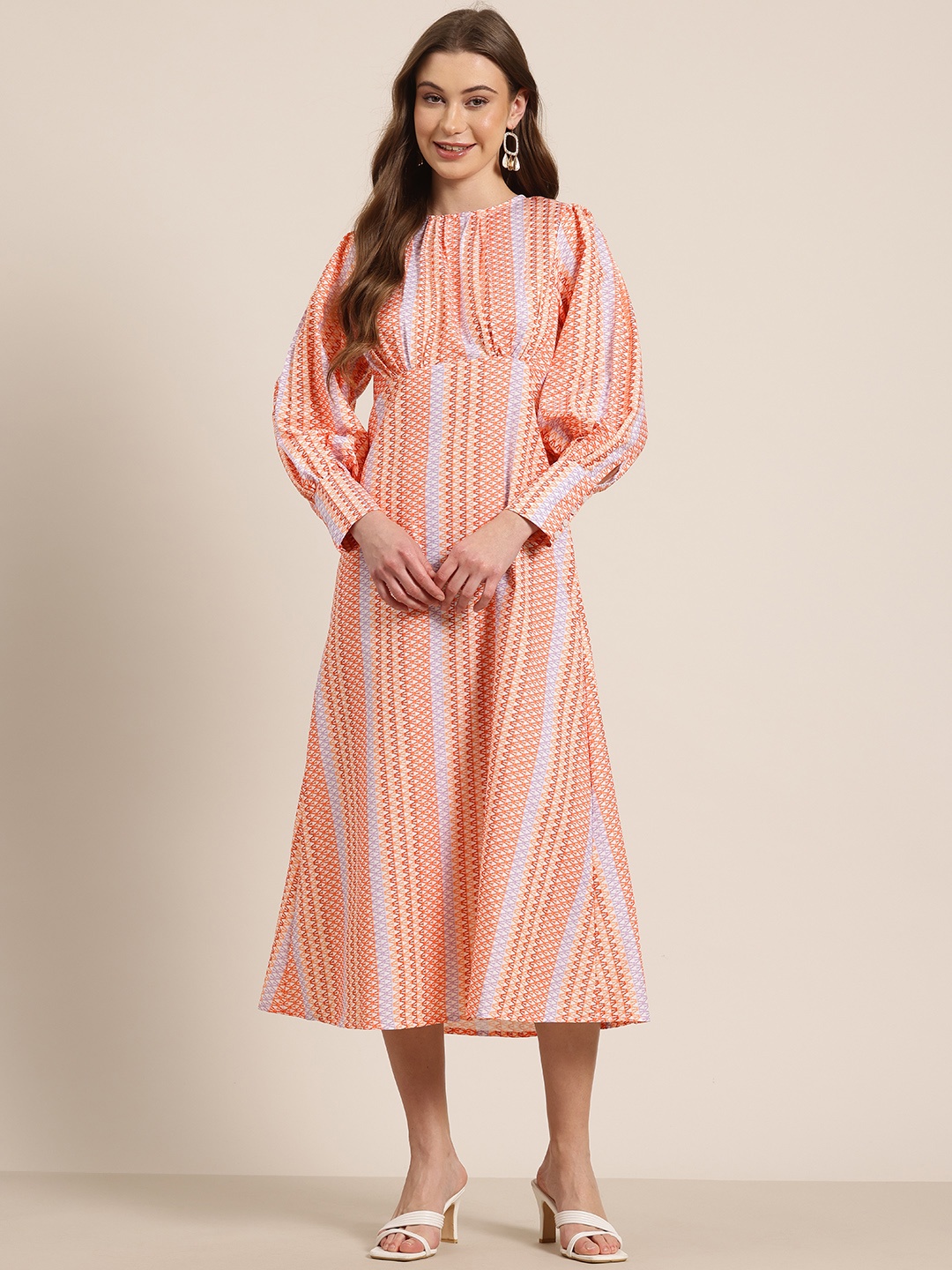 

HERE&NOW Abstract Print Gathered Detail Cuffed Sleeves A-Line Midi Dress, White