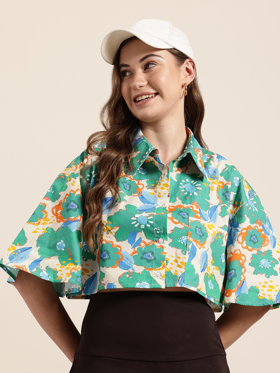 

HERE&NOW Floral Print Flared Sleeve Shirt Style Crop Top, Off white