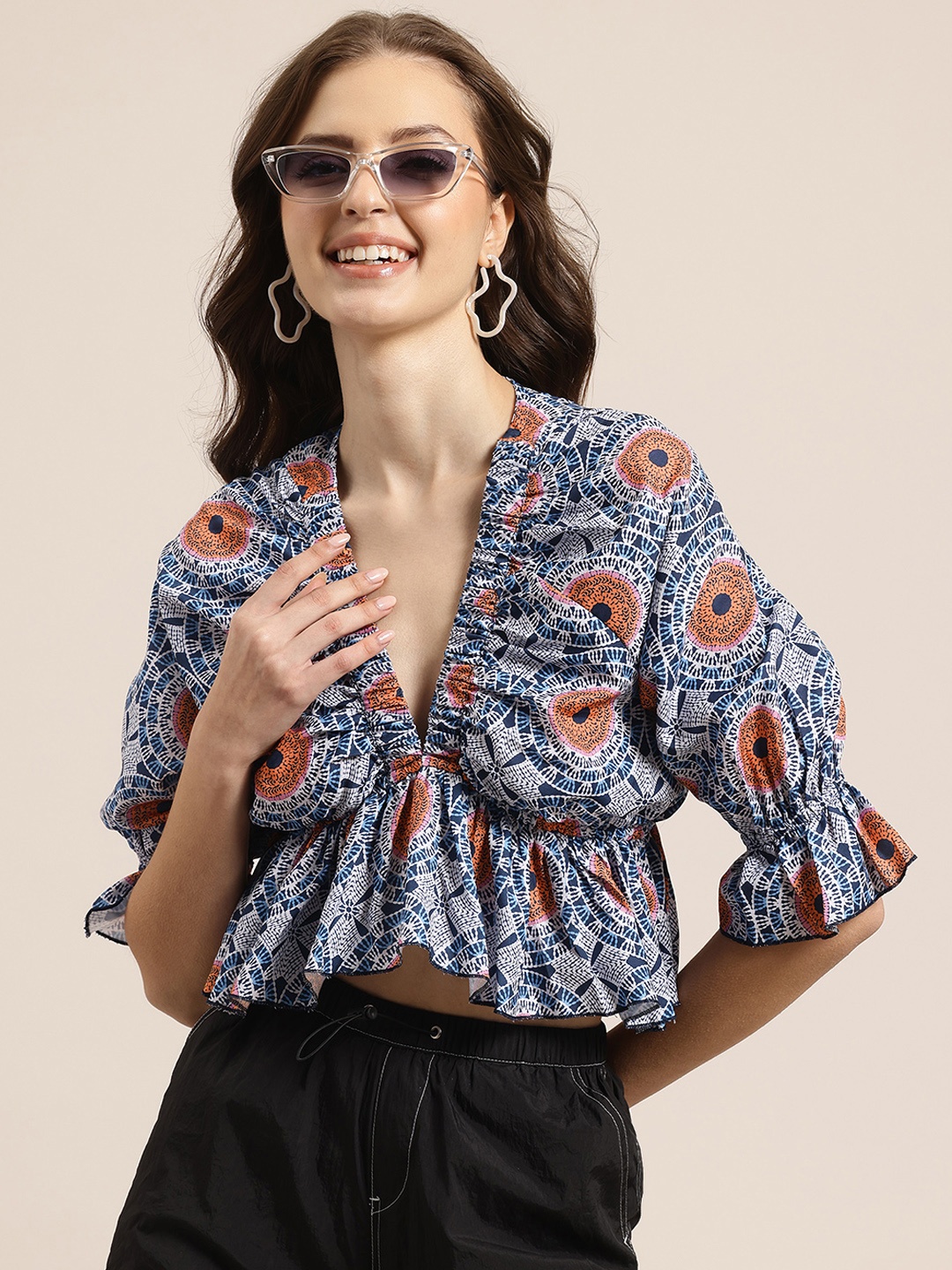 

HERE&NOW Printed Extended Sleeves Empire Top, Navy blue
