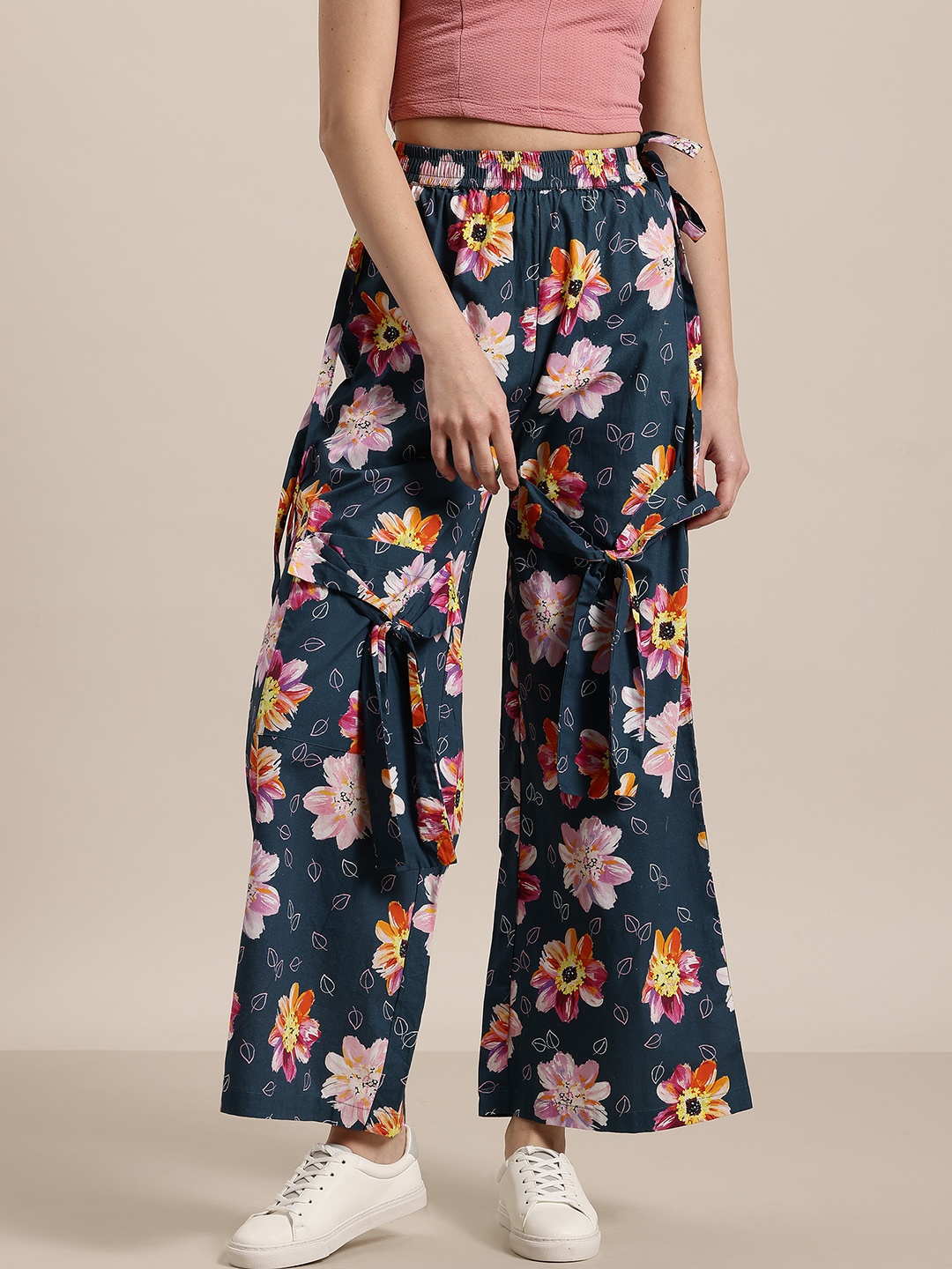 

HERE&NOW High Waist Floral Printed Trousers, Teal