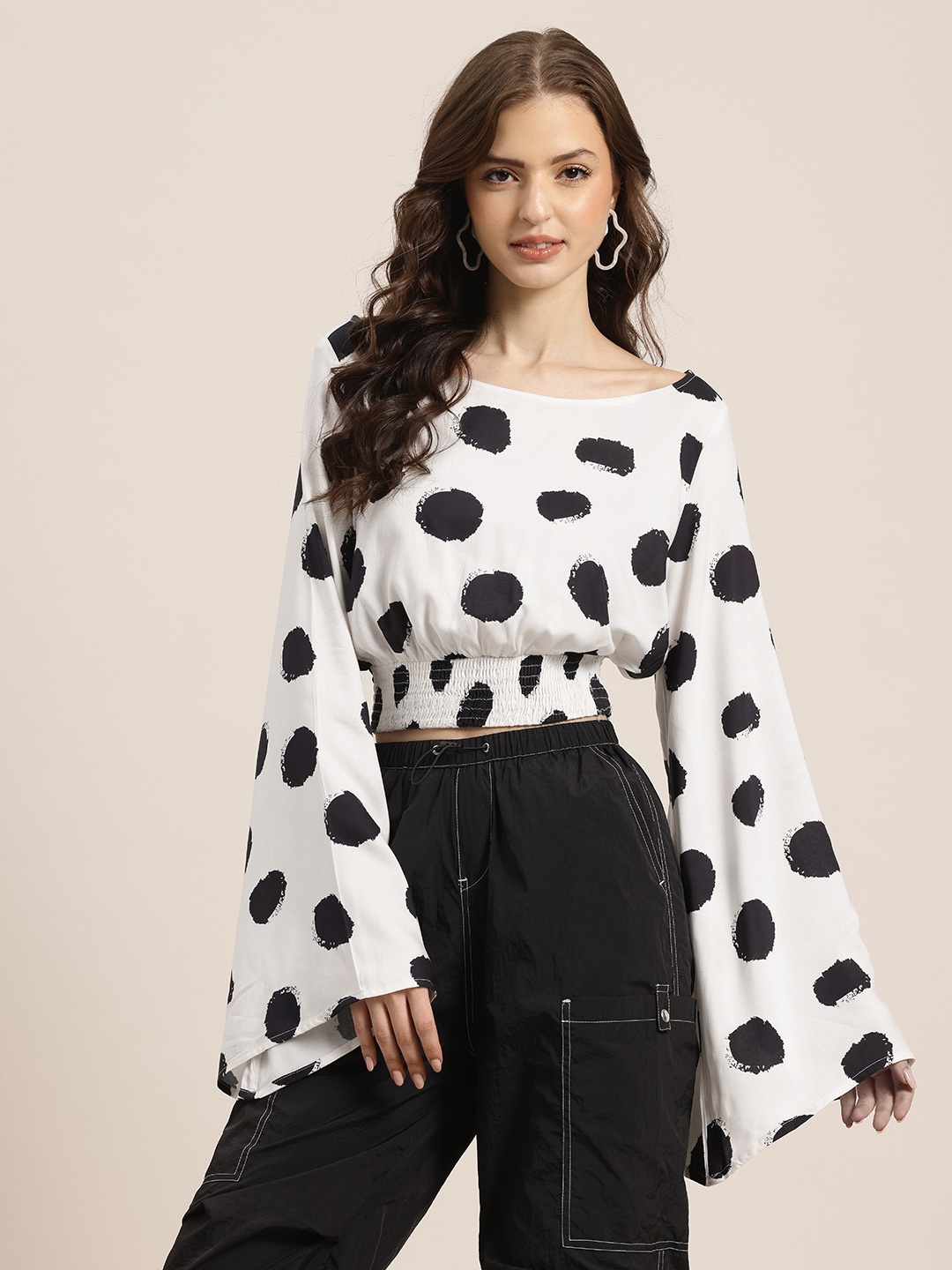 

HERE&NOW Floral Print Bell Sleeves Blouson Top, White