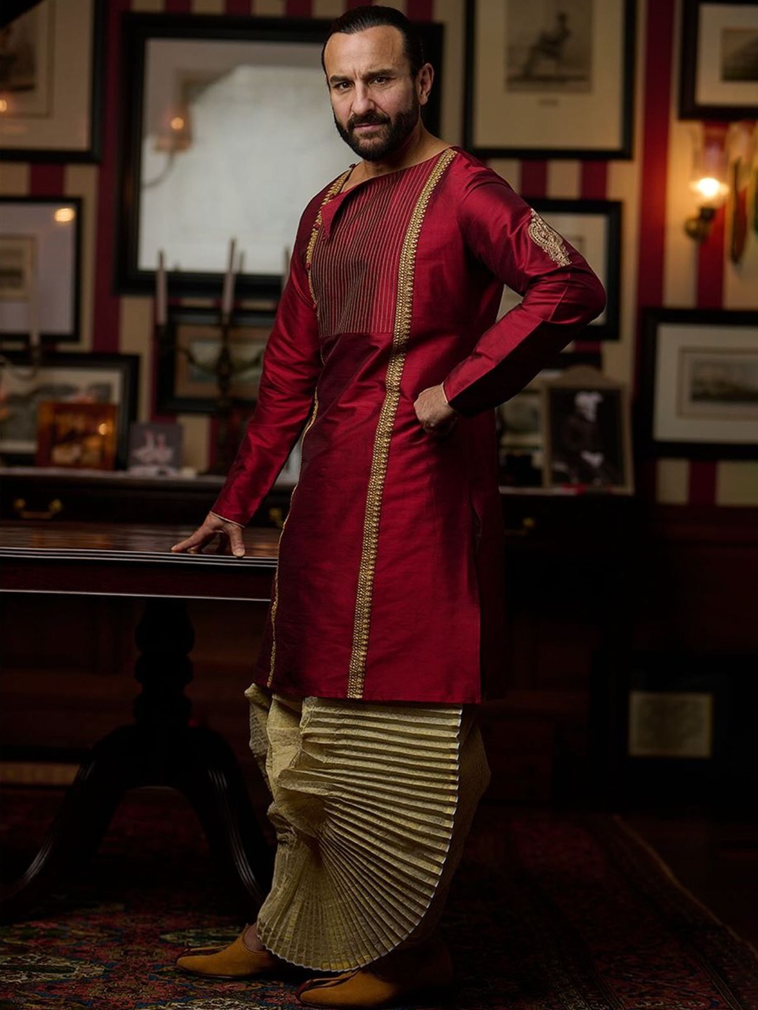 

House of Pataudi Jashn Ethnic Motifs Embroidered Zari Work Angrakha Style Kurta, Maroon
