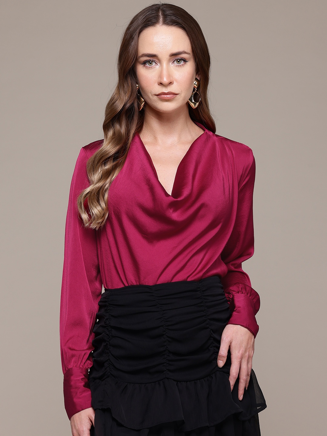 

bebe Future Glam Satin Finish Cowl Neck Top, Maroon