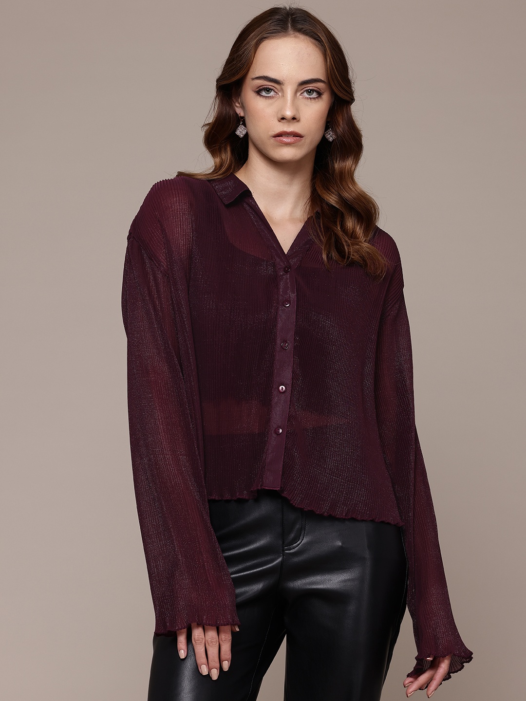 

bebe Future Glam Accordion Pleats Semi-Sheer Shirt, Burgundy