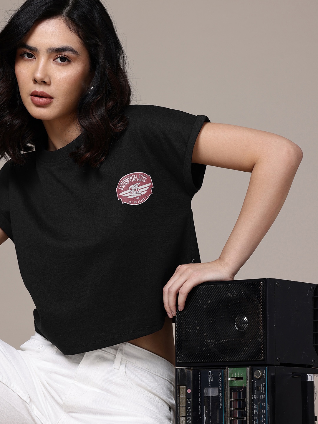 

The Roadster Life Co. Typography Printed Extended Sleeves Boxy Crop T-shirt, Black