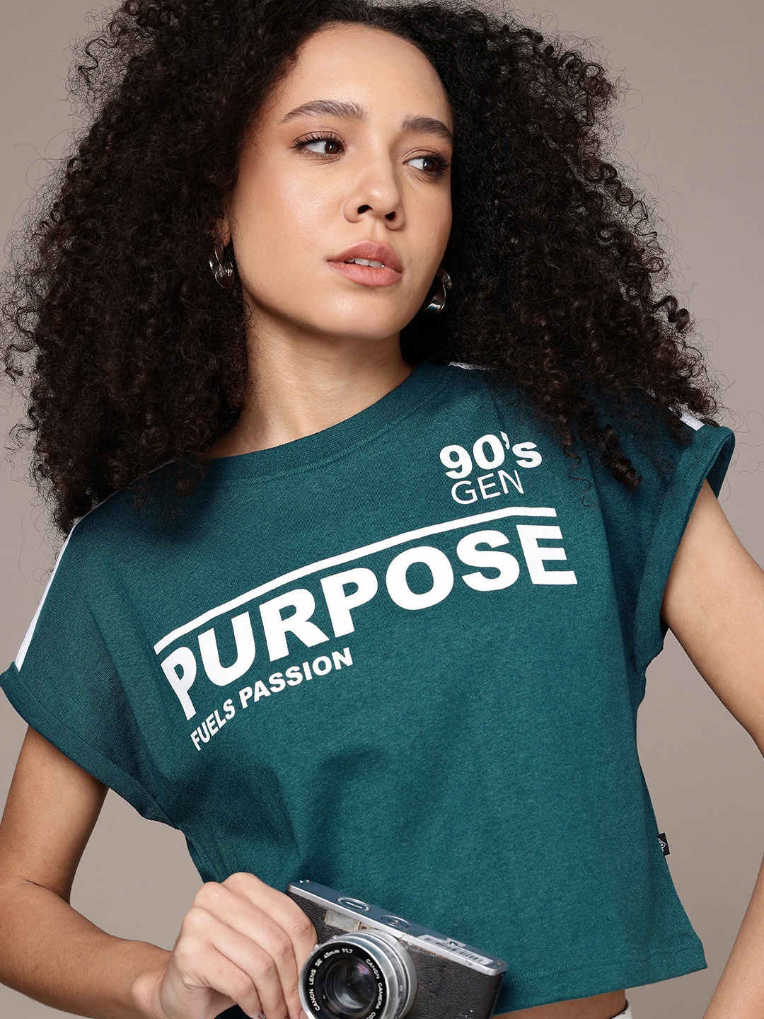 

The Roadster Life Co. Typography Printed Extended Sleeves Boxy Crop T-shirt, Teal
