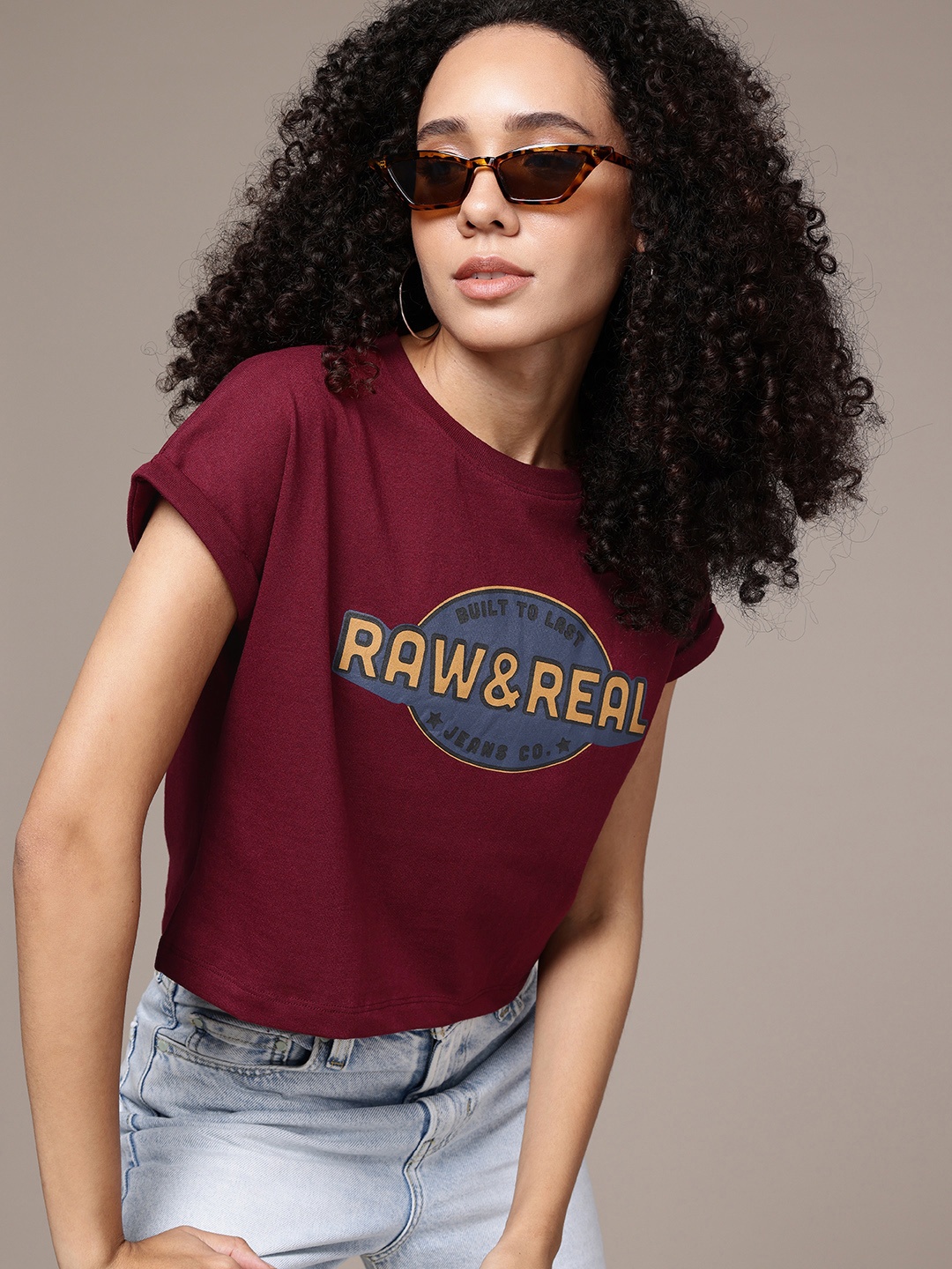 

The Roadster Life Co. Typography Printed Crop T-shirt, Maroon