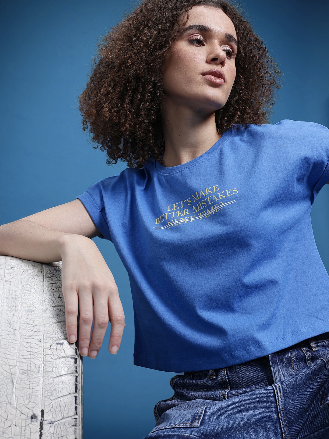 

The Roadster Life Co. Typography Printed Extended Sleeves Crop Boxy T-shirt, Blue