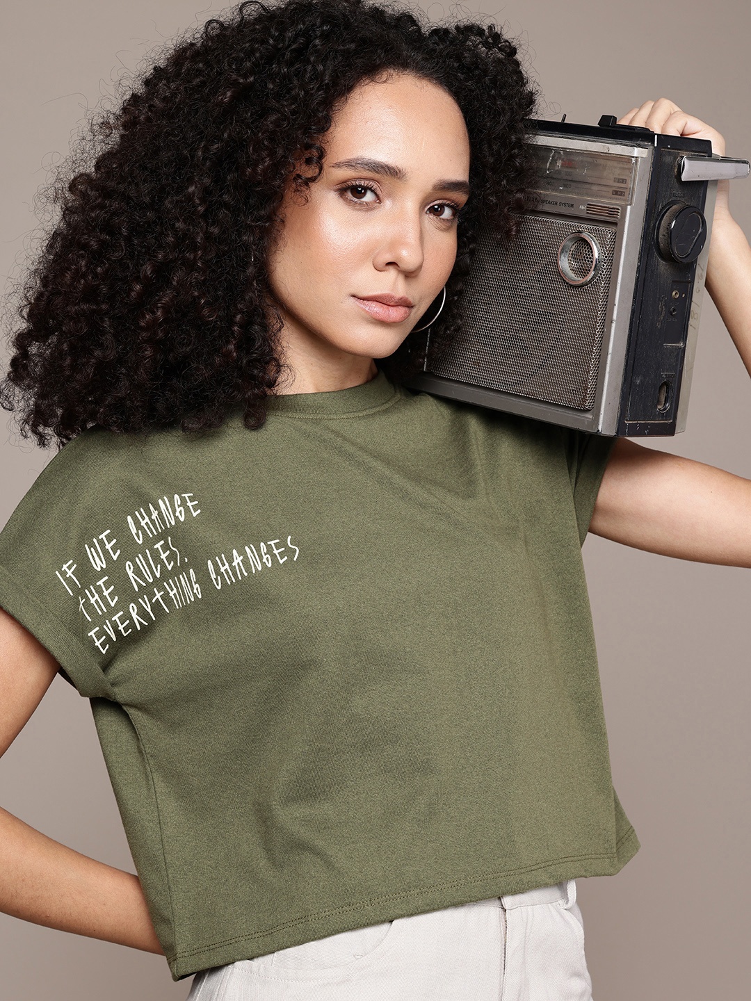 

The Roadster Life Co. Typography Printed Extended Sleeves Boxy T-shirt, Olive