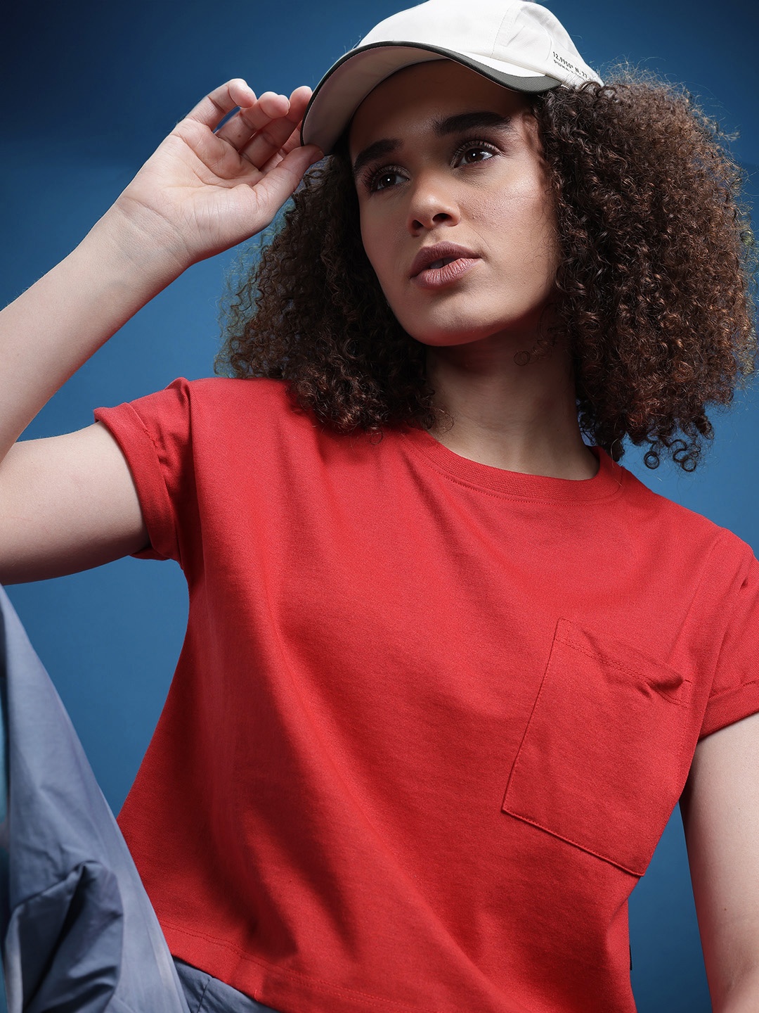 

The Roadster Life Co. Pure Cotton Extended Sleeves Pockets Crop Boxy T-shirt, Red